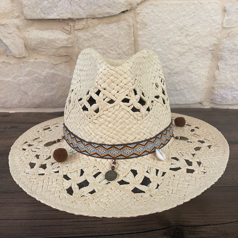 Cream Straw Sun Hat with Brown Accents